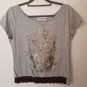 79 Grey Cato top gold print and lace trim Sz L